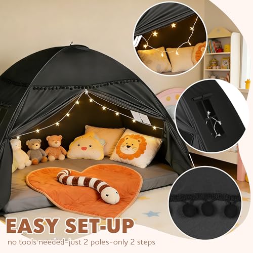 jiangcha Bed Tent Full Size for Girls & Boys - Indoor Privacy Toddler Sleeping Teepee with Blackout Design, Breathable Portable Bed Tent for Drafty Rooms, Cottage Floor Camping (Full Black) - Image 3