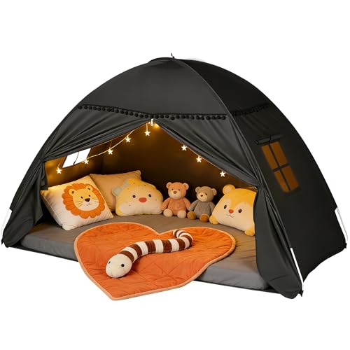 jiangcha Bed Tent Full Size for Girls & Boys - Indoor Privacy Toddler Sleeping Teepee with Blackout Design, Breathable Portable Bed Tent for Drafty Rooms, Cottage Floor Camping (Full Black) - Image 1