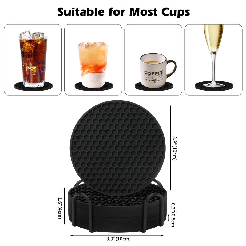 TWTLi Coasters Set of 6 with Holder Coasters for Drinks Coffee Table Decor Coaster Suitable for Kinds Cups Anti-Slip Non-Stick Silicone Cup Coaster and Living Room Decor (6 Pcs  Black) - Image 4
