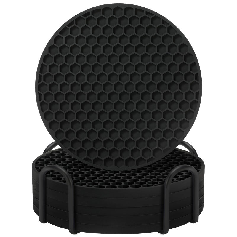 TWTLi Coasters Set of 6 with Holder Coasters for Drinks Coffee Table Decor Coaster Suitable for Kinds Cups Anti-Slip Non-Stick Silicone Cup Coaster and Living Room Decor (6 Pcs  Black) - Image 1