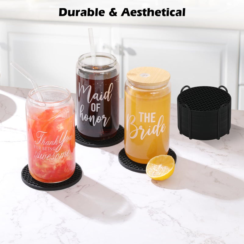 TWTLi Coasters Set of 6 with Holder Coasters for Drinks Coffee Table Decor Coaster Suitable for Kinds Cups Anti-Slip Non-Stick Silicone Cup Coaster and Living Room Decor (6 Pcs  Black) - Image 5