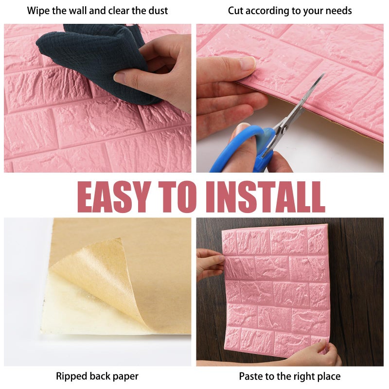 Tinlade 30 Pcs 28.81 Sq ft 3D Wall Panels Peel and Stick Foam Brick Wallpaper Printable Faux Brick Wall Panels Decorative Self Adhesive Tiles Waterproof(Elegant Pink) - Image 3