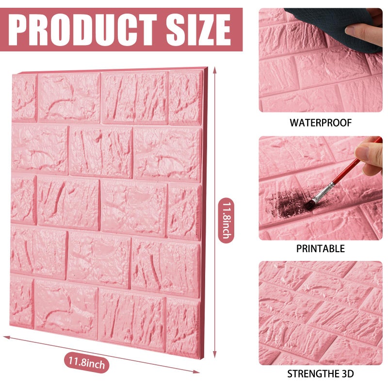 Tinlade 30 Pcs 28.81 Sq ft 3D Wall Panels Peel and Stick Foam Brick Wallpaper Printable Faux Brick Wall Panels Decorative Self Adhesive Tiles Waterproof(Elegant Pink) - Image 2