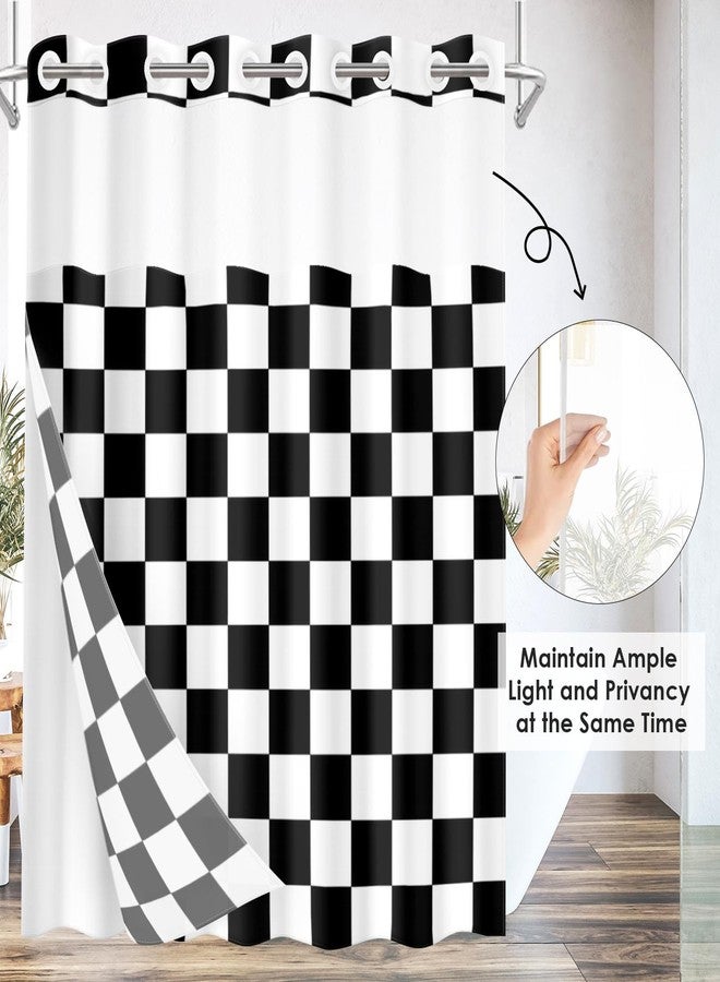 Nesphy No Hook Black Checkered Shower Curtain with Snap in Fabric Liner Set, Checkerboard Aesthetic Double Layers Waterproof Fabric with See Through Top Window Open Grommet Bath Curtain 71x74 Inch - Image 4