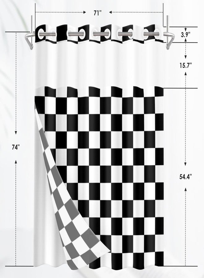 Nesphy No Hook Black Checkered Shower Curtain with Snap in Fabric Liner Set, Checkerboard Aesthetic Double Layers Waterproof Fabric with See Through Top Window Open Grommet Bath Curtain 71x74 Inch - Image 2