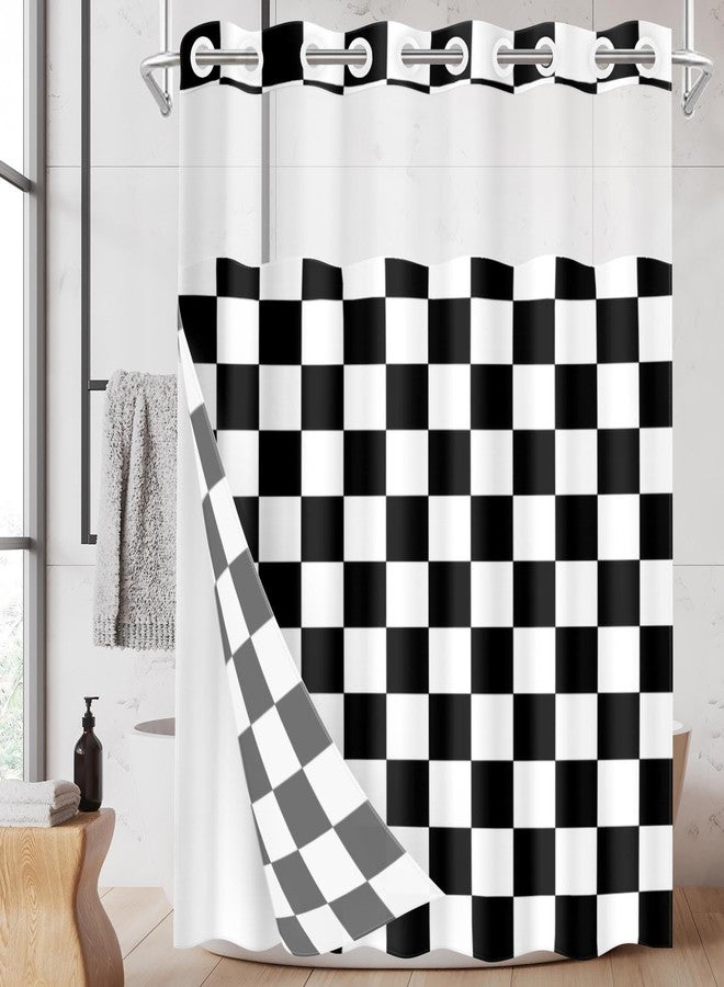 Nesphy No Hook Black Checkered Shower Curtain with Snap in Fabric Liner Set, Checkerboard Aesthetic Double Layers Waterproof Fabric with See Through Top Window Open Grommet Bath Curtain 71x74 Inch - Image 1
