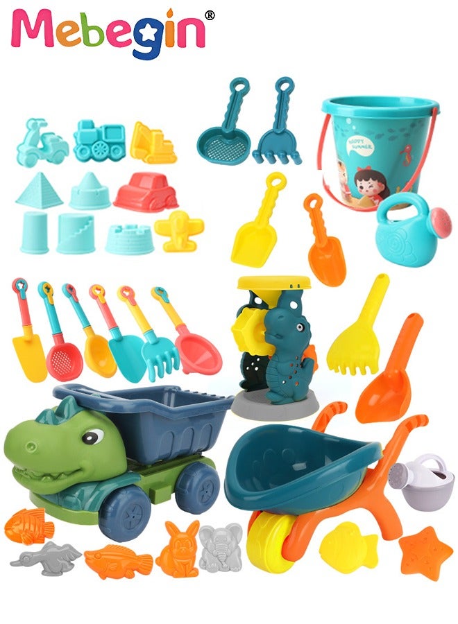 MEBEGIN 35 قطعة من ألعاب الشاطئ مع دلو الرمل والشاحنة القلابة والمجارف وقوالب الرمل للأطفال وألعاب الشاطئ ودلاء رمل الشاطئ للسفر على الشاطئ، مجموعة أدوات ألعاب الرمل في الهواء الطلق للأطفال والأطفال الصغار - Image 1