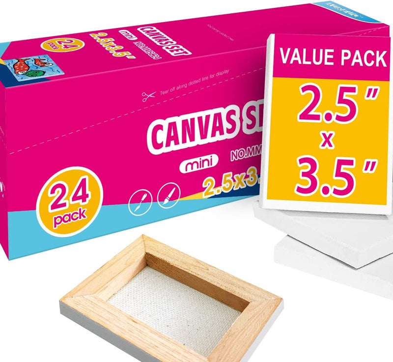 AUREUO Mini Stretched Canvas - 2.5x3.5 Inch / 24 Pack - 2/5 Inch Profile Small Square Canvas - Gift Set Bulk Pack Canvases for Acrylic Painting & Craft - Image 1