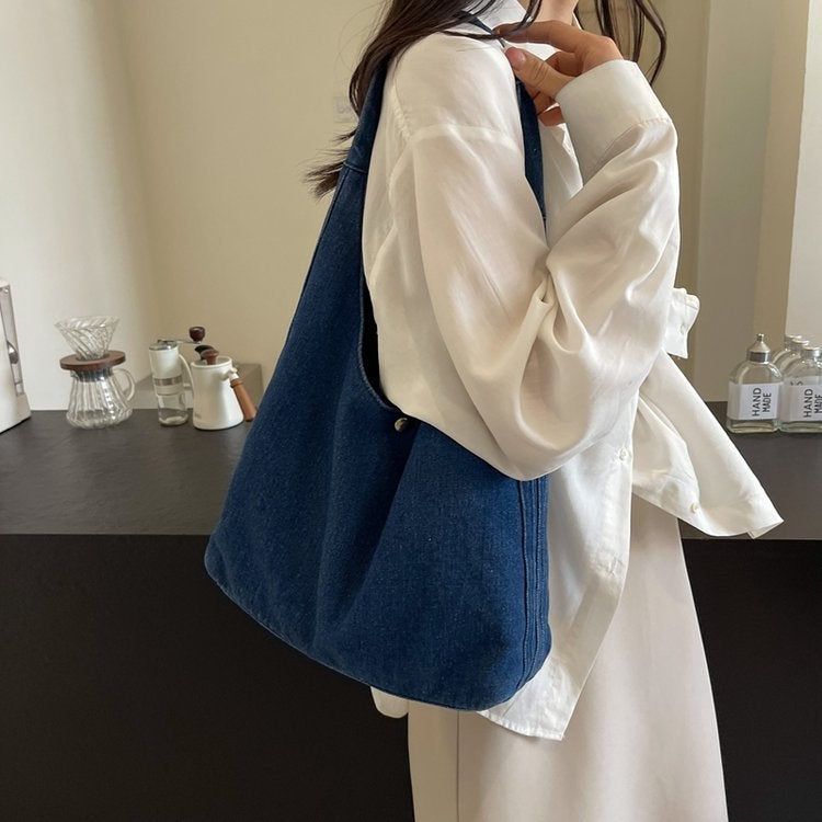Japan And South Korea Simple Artistic Washed Denim Bag Large Capacity Single Shoulder Handbag Casual Shopping Bag - Image 4