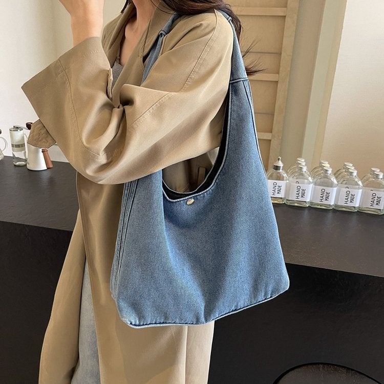 Japan And South Korea Simple Artistic Washed Denim Bag Large Capacity Single Shoulder Handbag Casual Shopping Bag - Image 2