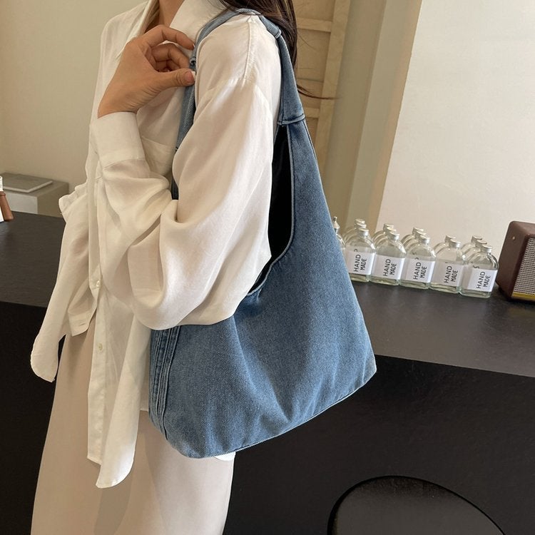 Japan And South Korea Simple Artistic Washed Denim Bag Large Capacity Single Shoulder Handbag Casual Shopping Bag - Image 3