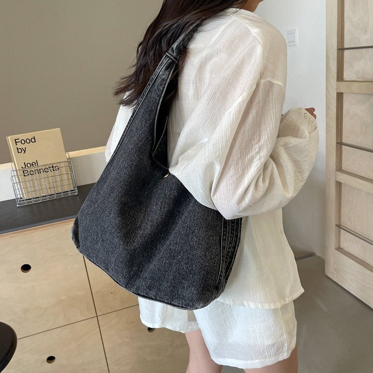 Japan And South Korea Simple Artistic Washed Denim Bag Large Capacity Single Shoulder Handbag Casual Shopping Bag - Image 5