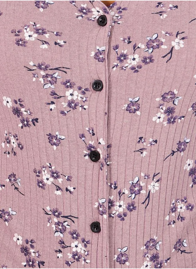 Styli All Over Floral Print Rib Shirt & Pyjama Set