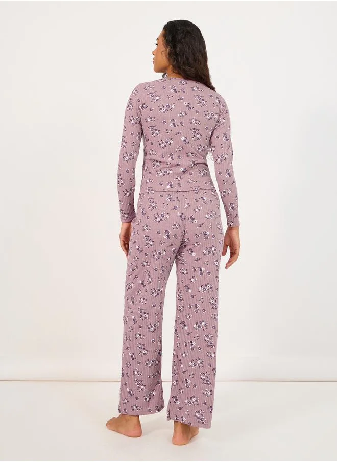 Styli All Over Floral Print Rib Shirt & Pyjama Set