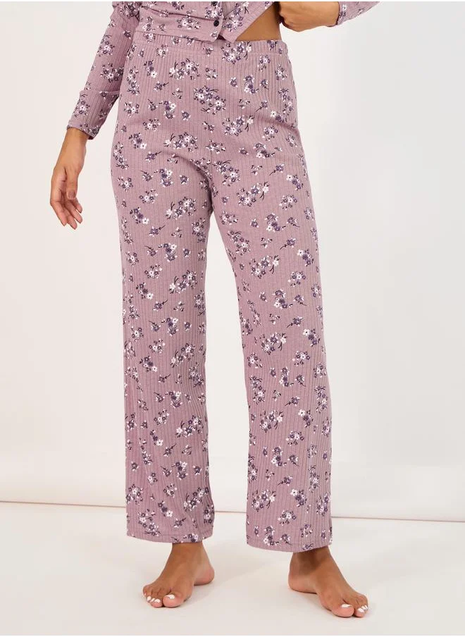 Styli All Over Floral Print Rib Shirt & Pyjama Set