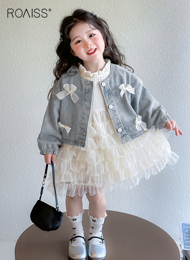رويس طقم ملابس بناتي مع فستان من التول وسترة جينز، فستان بياقة قائمة ومعطف بربطة عنق، فستان أنيق وأنيق للفتيات الصغيرات، مناسب للارتداء اليومي أو أي مناسبة - Image 1