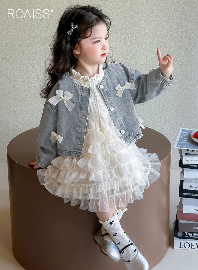 رويس طقم ملابس بناتي مع فستان من التول وسترة جينز، فستان بياقة قائمة ومعطف بربطة عنق، فستان أنيق وأنيق للفتيات الصغيرات، مناسب للارتداء اليومي أو أي مناسبة - Image 2