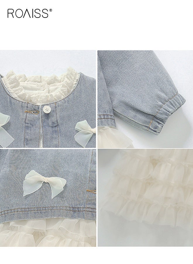 رويس طقم ملابس بناتي مع فستان من التول وسترة جينز، فستان بياقة قائمة ومعطف بربطة عنق، فستان أنيق وأنيق للفتيات الصغيرات، مناسب للارتداء اليومي أو أي مناسبة - Image 4