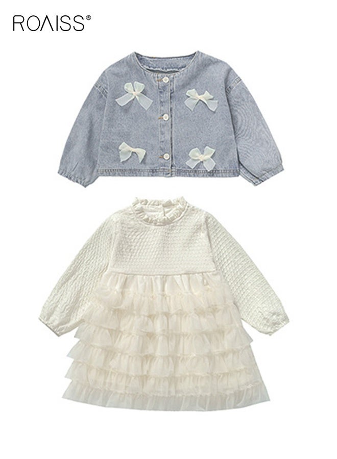 رويس طقم ملابس بناتي مع فستان من التول وسترة جينز، فستان بياقة قائمة ومعطف بربطة عنق، فستان أنيق وأنيق للفتيات الصغيرات، مناسب للارتداء اليومي أو أي مناسبة - Image 3