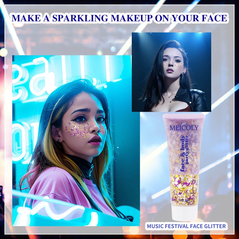 MEICOLY Face Glitter Makeup for Music Festival,Country Concert Outfits for Women,Gold Silver Purple Body Glitter,Halloween Party Accessories Glitter Face Paint,50ml - Image 2
