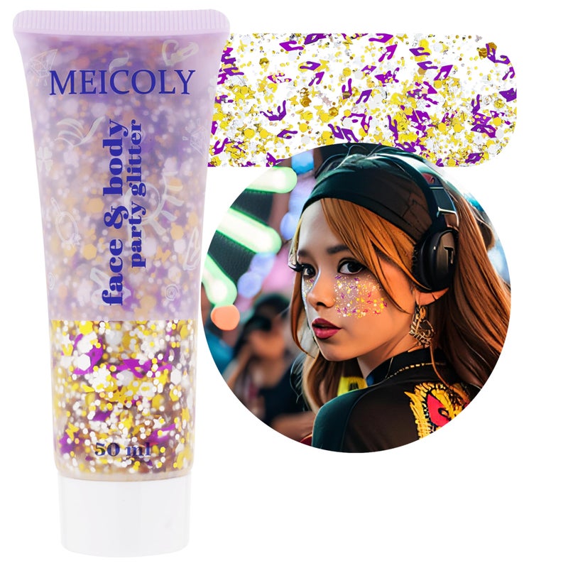 MEICOLY Face Glitter Makeup for Music Festival,Country Concert Outfits for Women,Gold Silver Purple Body Glitter,Halloween Party Accessories Glitter Face Paint,50ml - Image 1