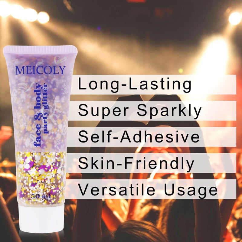 MEICOLY Face Glitter Makeup for Music Festival,Country Concert Outfits for Women,Gold Silver Purple Body Glitter,Halloween Party Accessories Glitter Face Paint,50ml - Image 4