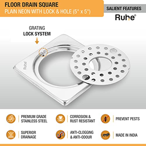 Ruhe® Plain Neon Square Flat Cut Floor Drain (5 x 5 inches) with Lock and Hole | Premium Stainless Steel Floor Drainer for Home, Kitchen, Bathroom and Balcony | Waste Water Drainage Jali - Image 3