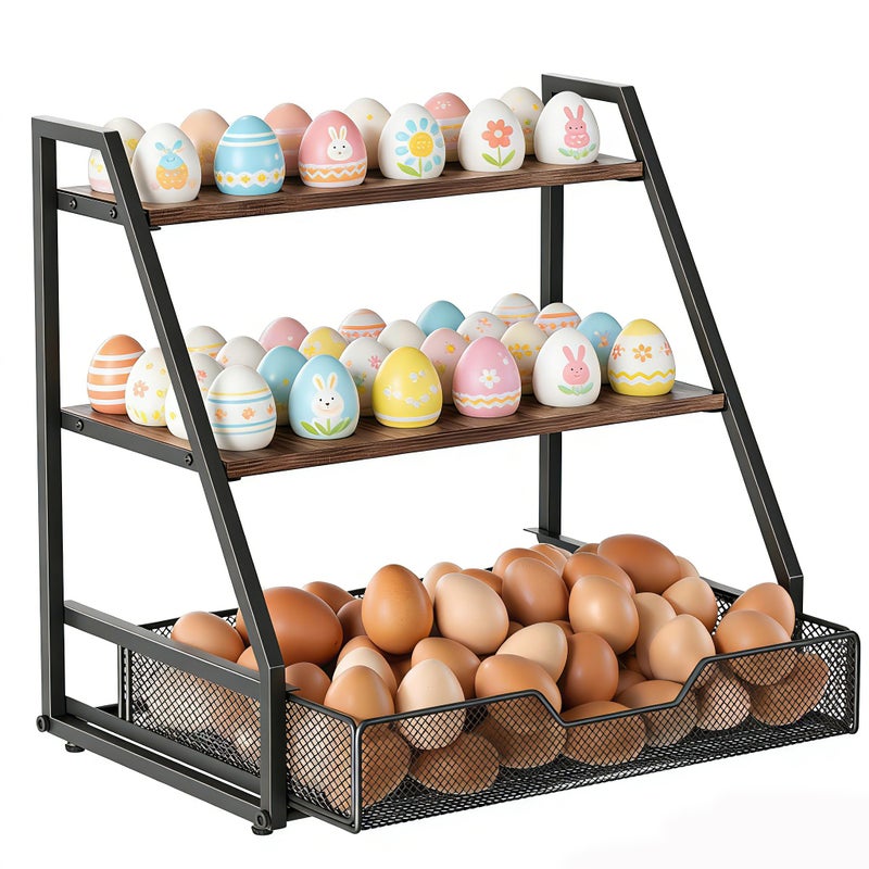 Wolera 3-Tier Wooden Fresh Egg Holder Countertop With Basket for 36+90 Eggs, Wooden Egg Holder Countertop with Carry Handle for Gathering 150+ Eggs, Duck, and Quail Eggs - Image 1