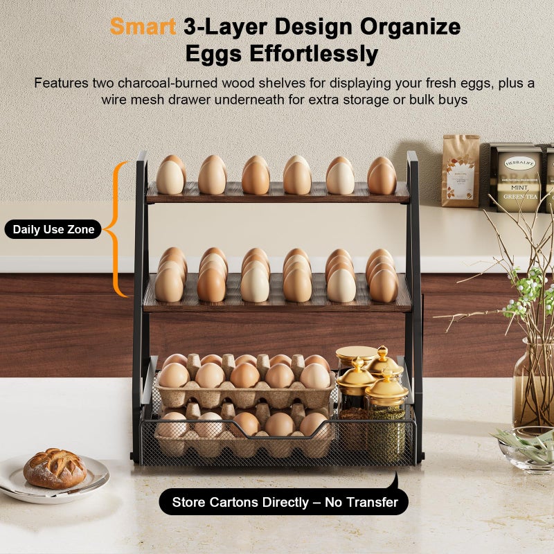 Wolera 3-Tier Wooden Fresh Egg Holder Countertop With Basket for 36+90 Eggs, Wooden Egg Holder Countertop with Carry Handle for Gathering 150+ Eggs, Duck, and Quail Eggs - Image 5