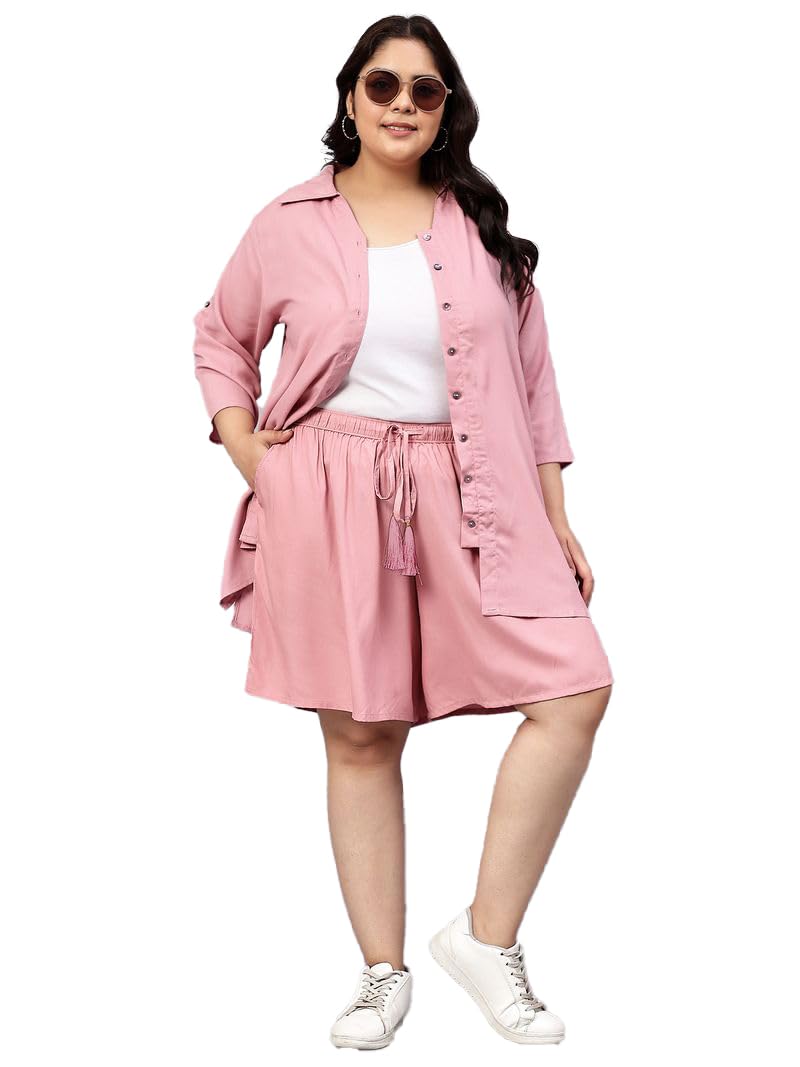 Indietoga Rayon Women's Plus Size Longline Shirt and Shorts Co-Ords Set (P10001532_Pink Solid_5XL) - Image 1