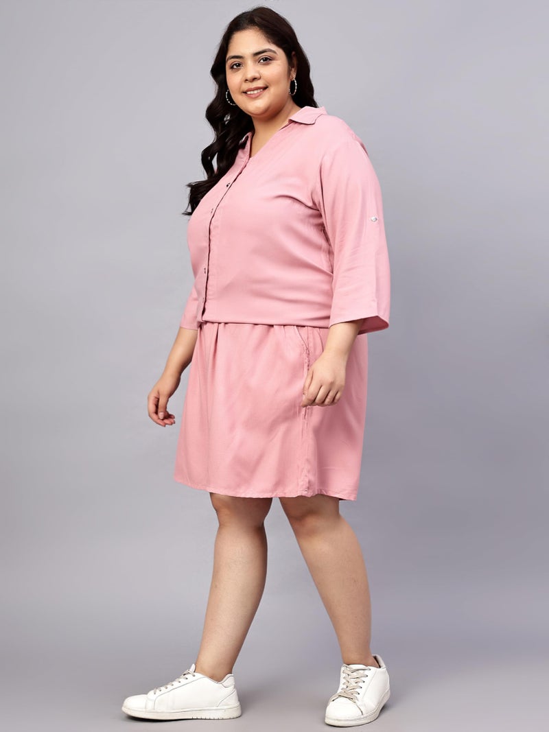 Indietoga Rayon Women's Plus Size Longline Shirt and Shorts Co-Ords Set (P10001532_Pink Solid_5XL) - Image 5
