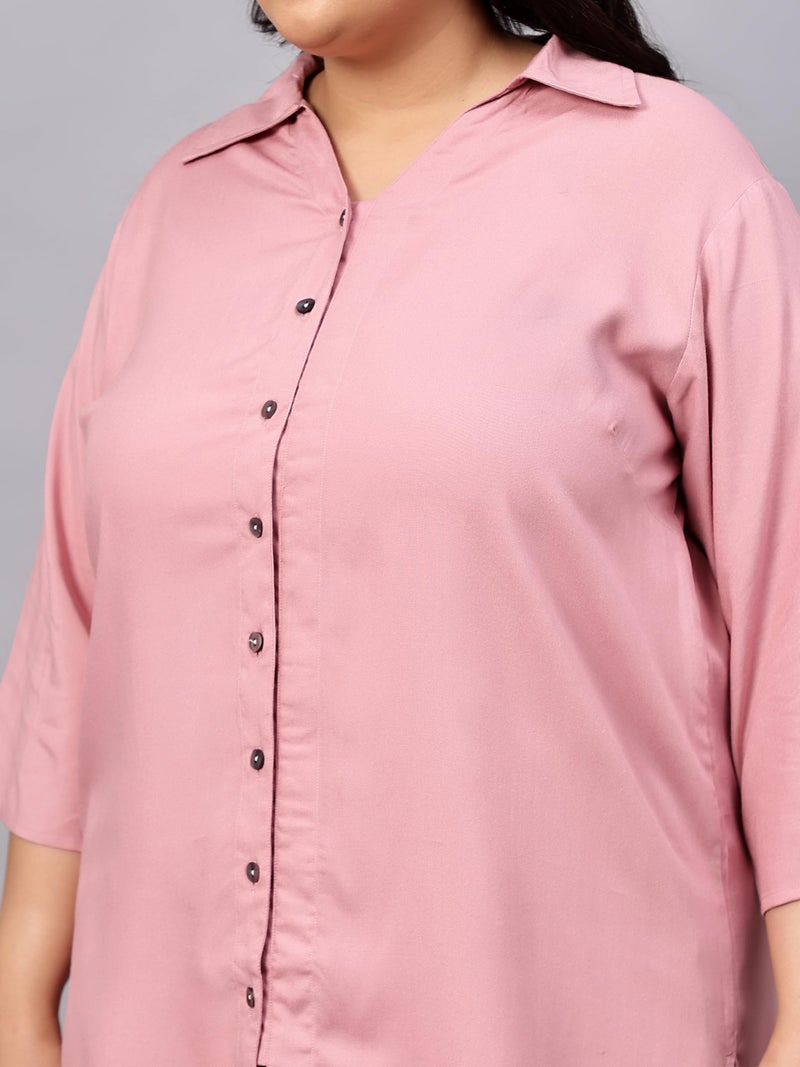 Indietoga Rayon Women's Plus Size Longline Shirt and Shorts Co-Ords Set (P10001532_Pink Solid_5XL) - Image 3