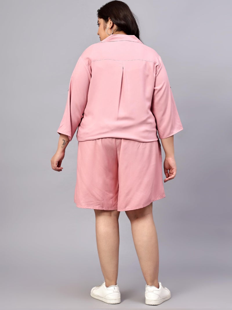 Indietoga Rayon Women's Plus Size Longline Shirt and Shorts Co-Ords Set (P10001532_Pink Solid_5XL) - Image 4