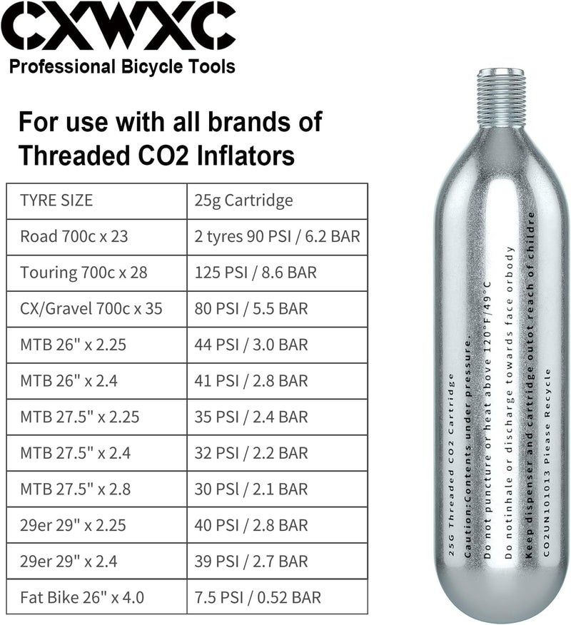CXWXC خرطوشة CO2 مل threaded بحجم 16 جرام / 25 جرام أو مضخة CO2 لإطارات الدراجات - خرطوشة لمضخة CO2 مع اتصال مل threaded، مضخة CO2 للدراجات على الطرق والجبال - Image 3