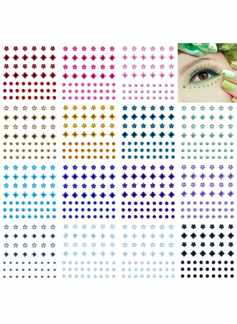 Self-Adhesive Face Gems for Women - 15 Colors & 3 Shapes (Round, Square, Flower) for Makeup, Nail Art & DIY Crafts - Sparkling Rhinestone Stickers - Image 1