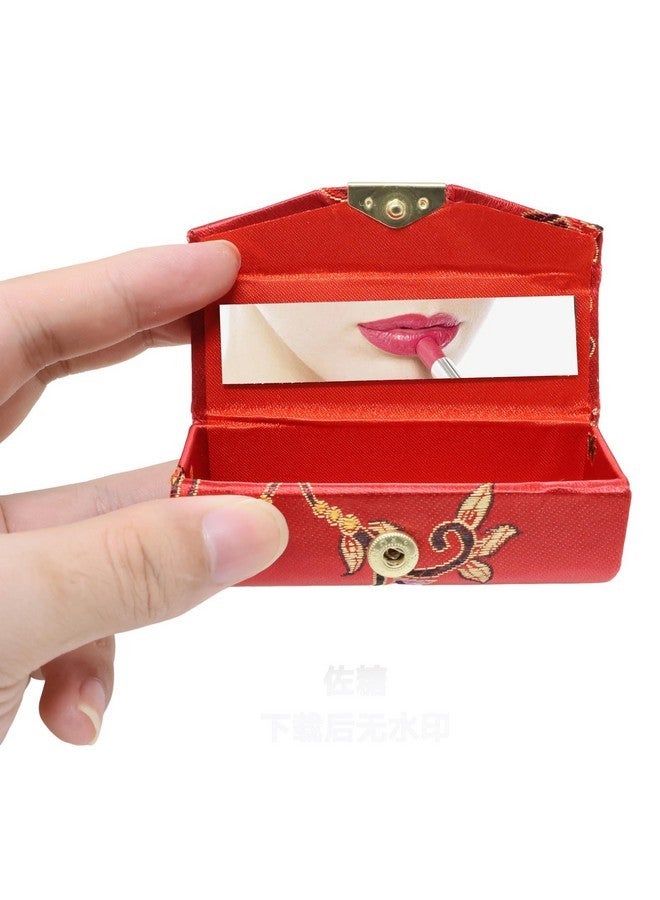 يوتون علبة أحمر شفاه يوتون من 4 قطع مصنوعة من قماش بروكيد على الطراز الصيني، حامل أحمر شفاه ساتان منسوج فريد، علبة أحمر شفاه مع مرآة للنساء، ألوان عشوائية - Image 5