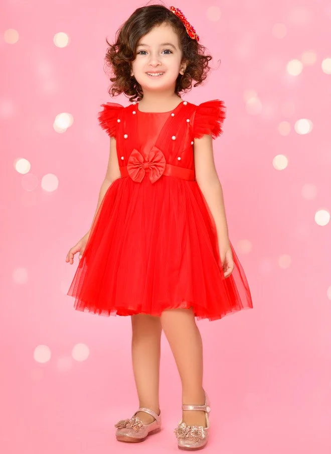 Saka Designs Red Embellished Layered Net Dress for Girls