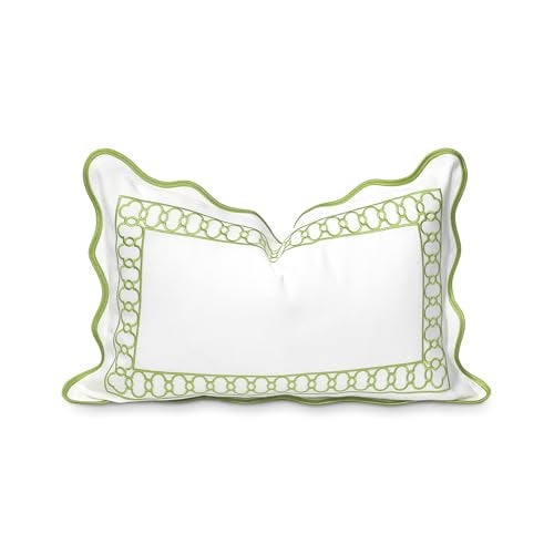 Hofdeco Premium Coastal Patio Indoor Outdoor Scalloped Lumbar Pillow Cover Only 12x20 Water Repellent for Backyard Couch Green Embroidered Begonia Pattern Chain Frame - Image 1