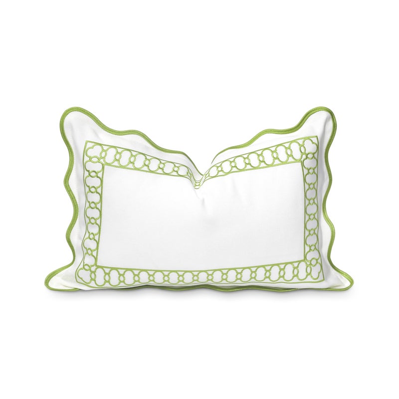 Hofdeco Premium Coastal Patio Indoor Outdoor Scalloped Lumbar Pillow Cover Only 12x20 Water Repellent for Backyard Couch Green Embroidered Begonia Pattern Chain Frame - Image 2