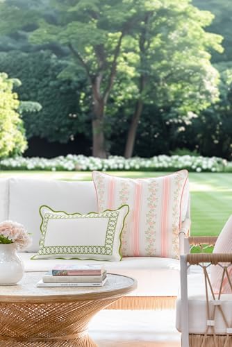 Hofdeco Premium Coastal Patio Indoor Outdoor Scalloped Lumbar Pillow Cover Only 12x20 Water Repellent for Backyard Couch Green Embroidered Begonia Pattern Chain Frame - Image 3