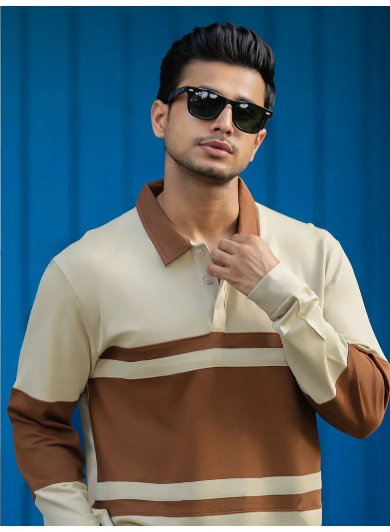 مانياك تيشيرت بولو مانياك رجالي بأكمام طويلة، لون بيج وبني، قطن