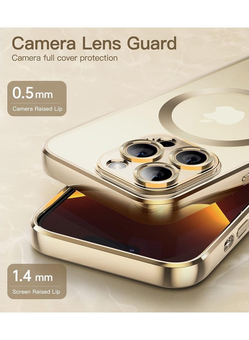 iPhone 14 Pro Max Magnetic Case Support MagSafe Charger Wireless Anti Scratch Shockproof Clear Four Corner Cushion Screen Protector Anti Dropping Full Body Protection Cover Gold  - Image 2