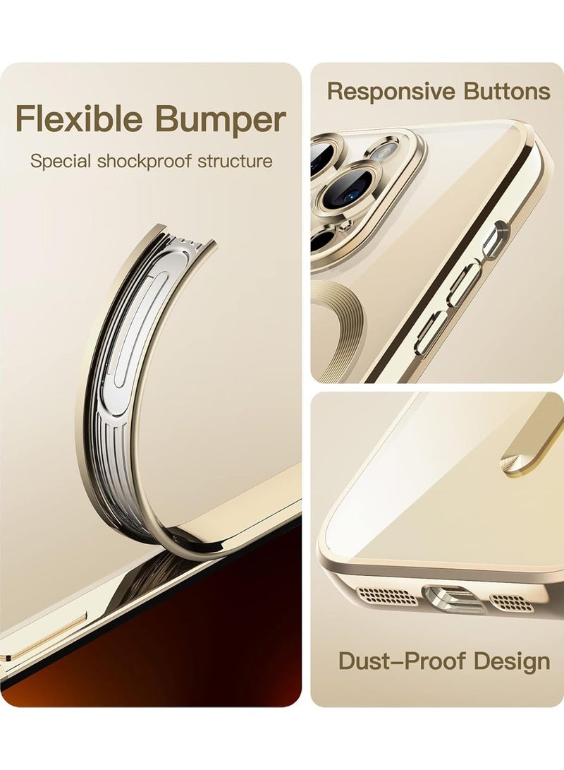 iPhone 14 Pro Max Magnetic Case Support MagSafe Charger Wireless Anti Scratch Shockproof Clear Four Corner Cushion Screen Protector Anti Dropping Full Body Protection Cover Gold  - Image 4