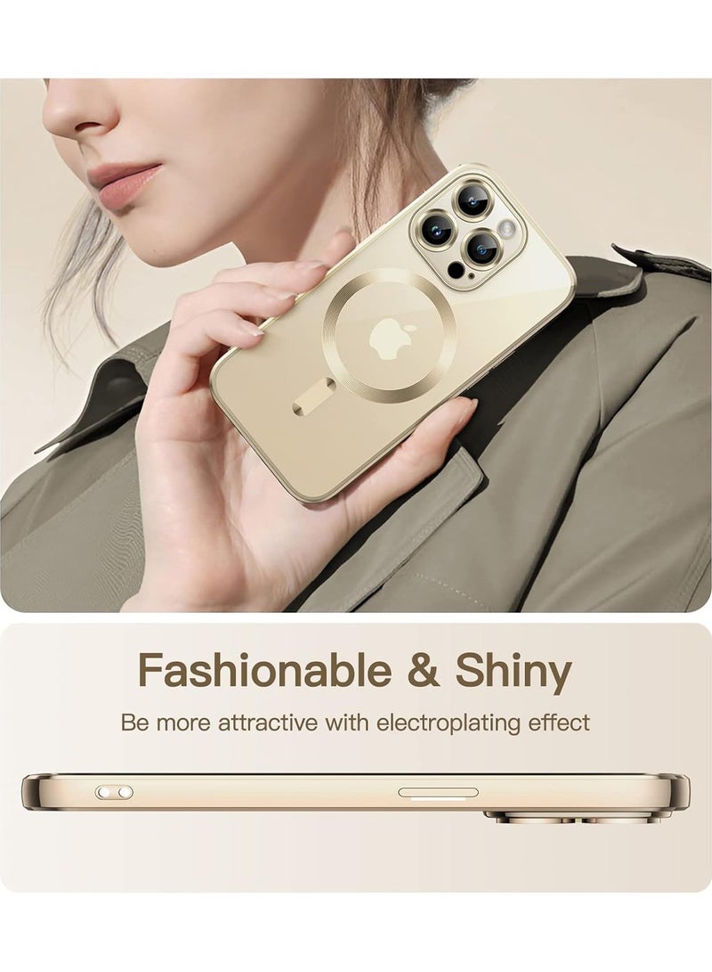 iPhone 14 Pro Max Magnetic Case Support MagSafe Charger Wireless Anti Scratch Shockproof Clear Four Corner Cushion Screen Protector Anti Dropping Full Body Protection Cover Gold  - Image 5