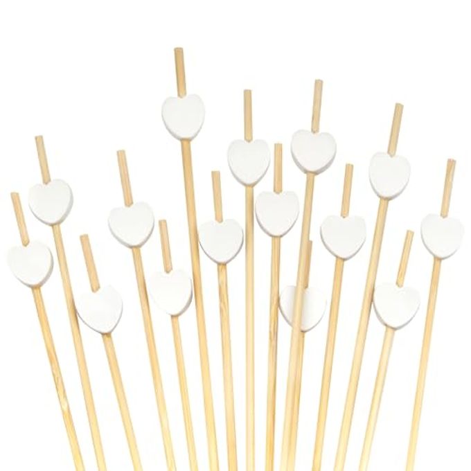 BambooMN 7.1" Decorative White Heart Bamboo Cocktail Fruit Sandwich Picks Skewers for Catered Events, Holiday's, Restaurants or Buffets Party Supplies, 100 Pieces