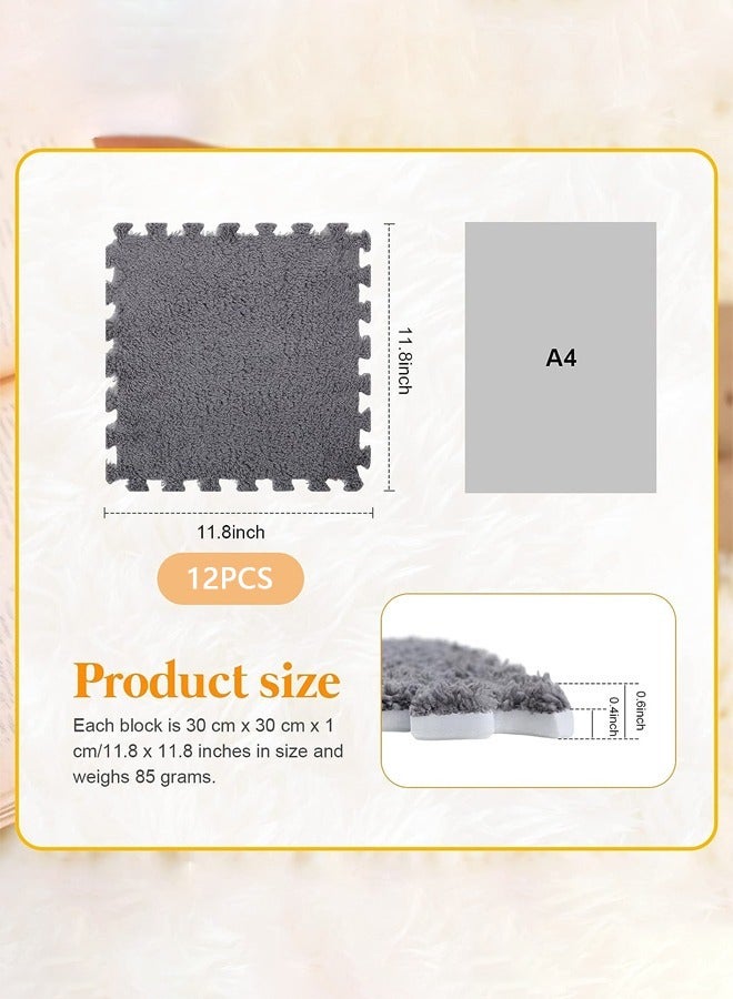 12pcs Plush Puzzle Foam Floor Mat Soft Thicken Fluffy Interlocking Square Foam Tiles Area Rugs Carpet for Parlor Bedroom Decoration 11.8x11.8x0.4 in Grey - Image 2