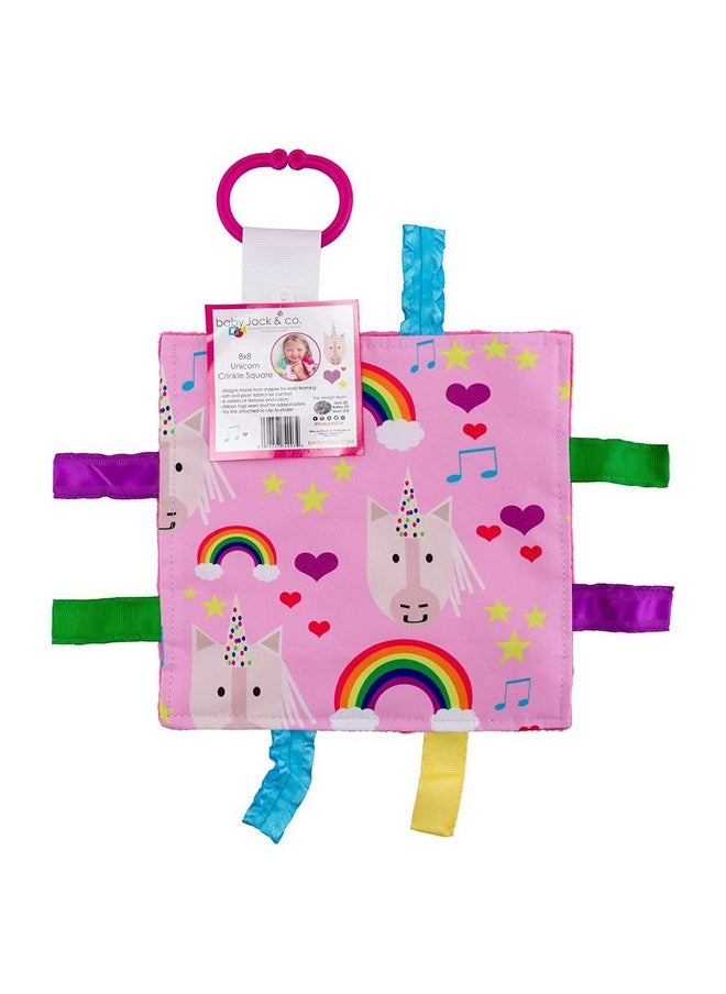 The Learning Lovey Baby Jack & Co 8X8” Unicorn Lovey Tag Toys For Babies Baby Crinkle Toys Crinkle Toys For Baby Soft & Safe Learn Shapes & Colors Ideal Baby Toy Bpa Free W Stroller Clip  - Image 1