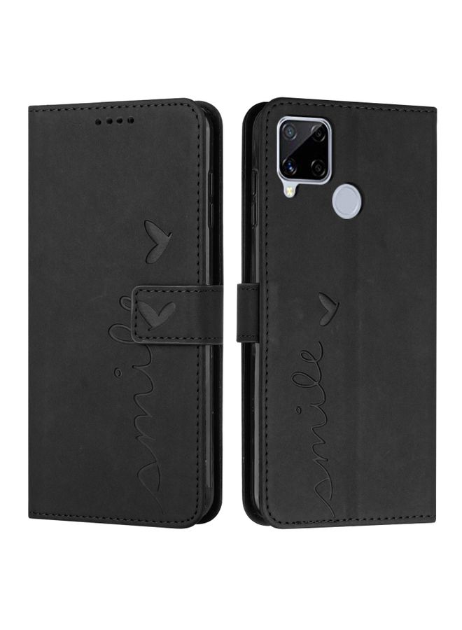 HuHa Case Cover For Realme C12/C15 Skin Feel Heart Pattern Leather Phone Case Black