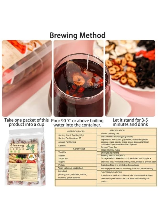 Ginseng Five Treasure Tea，Natural Raw Materials Such as Red Dates, Wolfberries, Mulberries, Astragalus, Ginseng, etc.5g*20