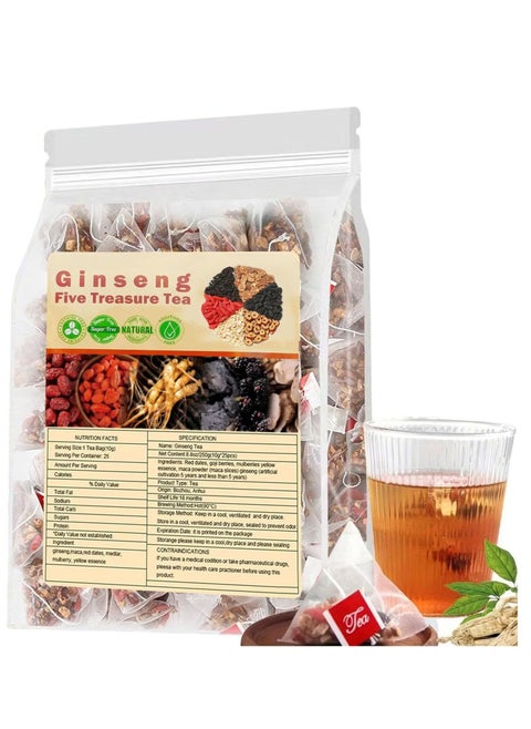 Ginseng Five Treasure Tea，Natural Raw Materials Such as Red Dates, Wolfberries, Mulberries, Astragalus, Ginseng, etc.5g*20